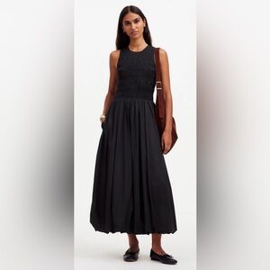MADEWELL THE MELODY BUBBLE-HEM SMOCKED MIDI DRESS IN POPLIN, SIZE M.